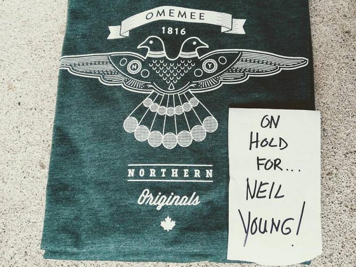 When Neil Young was in Omemee on Friday, Bobcaygeon apparel company Douglas + Son referred his team to PTBO Northern Originals, which provided a couple of Omemee t-shirts for Neil and his partner Daryl Hannah. (Photo: PTBO Northern Originals)