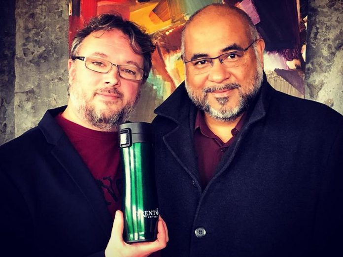 Donald Fraser of Trent University Alumni Affairs with the Prolong Travel Mug and its inventor, Dr. Suresh Narine, Director of the Trent Centre for Biomaterials Research and Professor of Physics & Astronomy and Chemistry at Trent University. (Photo courtesy of Donald Fraser)