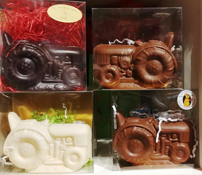 During the holidays, novelty-themed chocolates like this chocolate tractor (avaiable in dark, milk, and white chocoloate) are becoming more popular than the typical chocolate Santa. (Photo: Paula Kehoe / kawarthaNOW.com)  