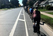 A group of cyclists using a bike lane in Peterborough. The Province of Ontario will be providing 120 municipalities (including the city and county of Peterborough, Cobourg, and Kawartha Lakes) with $93 million in funding for new bike lanes and to improve cycling infrastructure. (Photo: GreenUP)