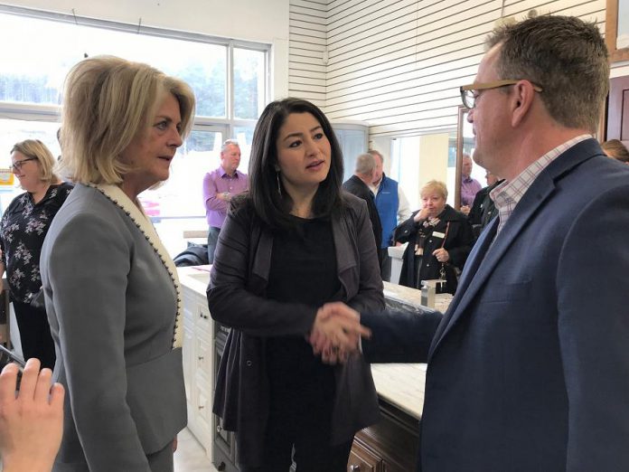 Jeff Day (right) is resigning as executive director of Community Futures Peterborough, effective January 12, 2018. At a December 8th Eastern Ontario Development Program announcement, Day shakes hands with Peterborough-Kawartha MP Maryam Monsef as Wendy Curtis, Executive Director of Northumberland Community Futures Development Corporation, looks on. (Photo: Office of Maryam Monsef)