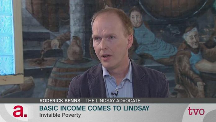 In October 2017, TVO's The Agenda with Steve Paikin filmed an episode about Lindsay's basic income pilot project at The Pie Eyed Monk. In the background is part of a mural created by artist Mike Wills for the craft brewery restaurant. (Photo: TVO)