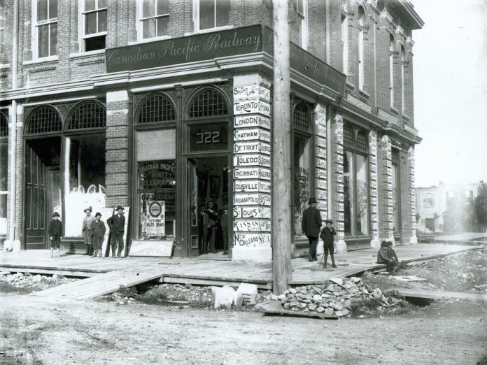 A ticket and telegraphy office for the Canadian Pacific Railway in the Market Hall. The former Canadian Pacific Railway train station located nearby at George and Dalhousie Streets was  built in 1884 when Peterborough was a major stop on the Montréal to Toronto line.