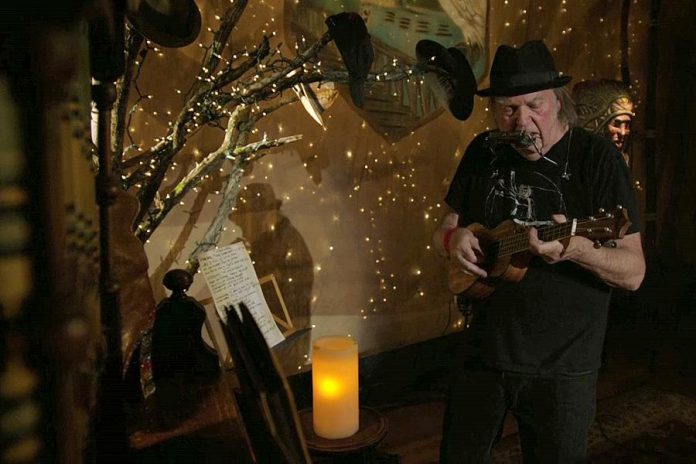 Neil Young performs 'Tumbleweed' on the ukulele at his concert in Omemee. (Screen capture of live feed)