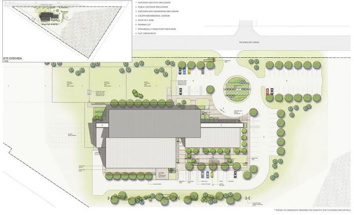 The site plan for the new Peterborough Humane Society building includes private and public outdoor dog enclosures, a drop-off zone, and ample parking.  Download a PDF version of the site plan for more detail. (Illustration: LETT Architects Inc.)