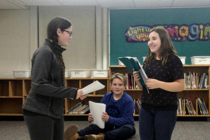 Samuelle Weatherdon, Isaac Maker, and Emily Keller rehearse a scene from the new version of "The Reluctant Dragon" which Planet 12 Productions will be performing at area schools. (Photo: Derek Weatherdon / Planet 12 Productions)