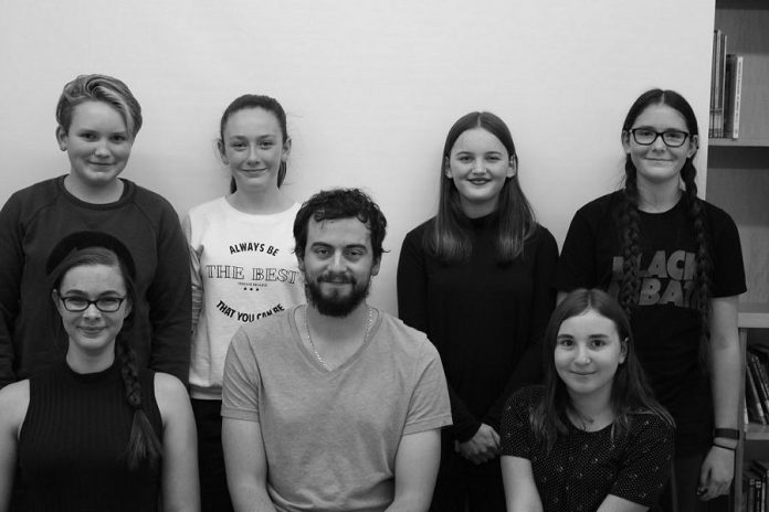 The cast of the updated version of "The Reluctant Dragon" is (top row) Isaac Maker, Abbie Dale, Emma Meinhardt, Samuelle Weatherdon and (bottom row) Aimee Gordon, Addison Wylie, and Emily Keller. (Photo: Amy Keller)