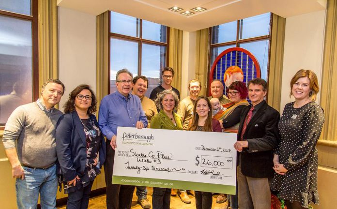 Peterborough MPP and Minister Responsible for Small Business Jeff Leal (third from left) with Starter Company Plus program coordinator Madeleine Hurrell (right) and the owners of seven local small businesses that shared $26,000 in funding from the third intake of the Starter Company Plus program offered by the Peterborough and the Kawarthas Business Advisory Centre. (Photo: Peterborough & the Kawarthas Economic Development)