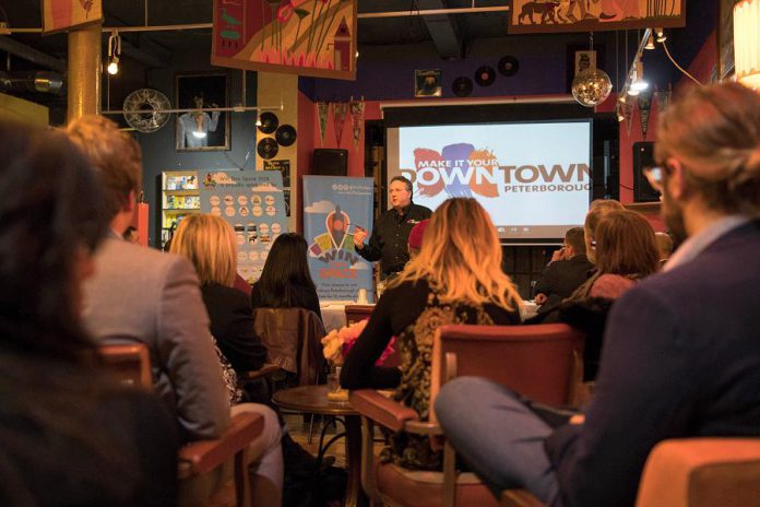 Terry Guiel, Executive Director of the Peterborough Downtown Business Improvement Area (DBIA), at Catalina's in downtown Peterborough on November 30 where judges and sponsors reviewed video applications for the Win This Space competition and selected the top 10 finalists. (Photo: DBIA)