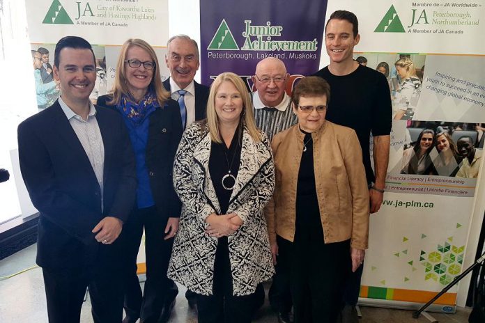 The Junior Achievement Peterborough, Lakefield, Muskoka 2018 Business Hall of Fame inductees: Robert Gauvreau, Monika Carmichael, Carl Oake, Sally Harding, Alf and June Curtis, and Paul Bennett (not present: Paschal McCloskey). Two posthumous inductees were also announced: John A. McColl and James H. Turner, and John James (Jack) Stewart. (Photo: Jeannine Taylor / kawarthaNOW.com)