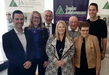 The Junior Achievement Peterborough Lakefield Muskoka 2018 Business Hall of Fame inductees: Robert Gauvreau, Monika Carmichael, Carl Oake, Sally Harding, Alf and June Curtis, and Paul Bennett (not pictured: Paschal McCloskey). Two posthumous inductees were also announced: John A. McColl and James H. Turner, and John James (Jack) Stewart. (Photo: Jeannine Taylor / kawarthaNOW.com)