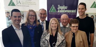 The Junior Achievement Peterborough Lakefield Muskoka 2018 Business Hall of Fame inductees: Robert Gauvreau, Monika Carmichael, Carl Oake, Sally Harding, Alf and June Curtis, and Paul Bennett (not pictured: Paschal McCloskey). Two posthumous inductees were also announced: John A. McColl and James H. Turner, and John James (Jack) Stewart. (Photo: Jeannine Taylor / kawarthaNOW.com)