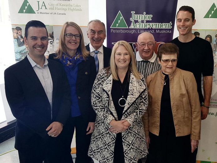 The Junior Achievement Peterborough Lakefield Muskoka 2018 Business Hall of Fame inductees: Robert Gauvreau, Monika Carmichael, Carl Oake, Sally Harding, Alf and June Curtis, and Paul Bennett (not pictured: Paschal McCloskey). Two posthumous inductees were also announced: John A. McColl and James H. Turner, and John James (Jack) Stewart. (Photo: Jeannine Taylor / kawarthaNOW.com)