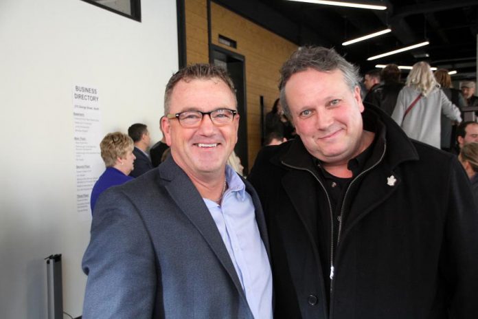 Jeff Day, former executive director of Community Futures Peterborough, and Terry Guiel, Executive Director of the Peterborough Downtown Business Improvement Area, were two of several VIPs who attended the 2018 Business Hall of Fame announcement. (Photo: Jeannine Taylor / kawarthaNOW.com)