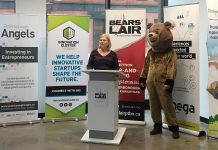 2018 Bears' Lair Chair Diane Richard of Diatom Consulting with the entrepreneurial competition's mascot at VentureNorth in downtown Peterborough on January 12th, where the opening of the annual competition was announced. An orientation session for interested entrepreneurs takes place on Tuesday, January 16 at the Peterborough Chamber of Commerce. (Photo: Bears' Lair)