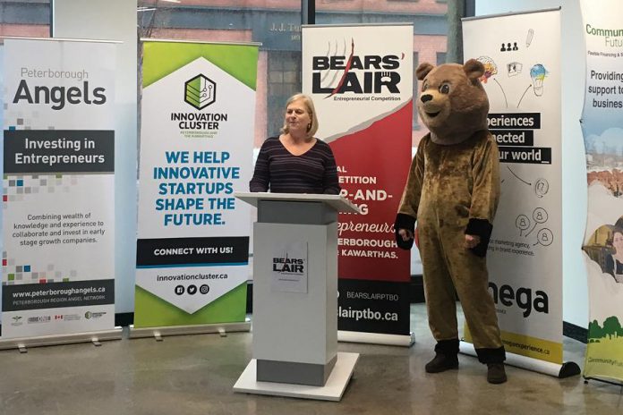 2018 Bears' Lair Chair Diane Richard of Diatom Consulting with the entrepreneurial competition's mascot at VentureNorth in downtown Peterborough on January 12th, where the opening of the annual competition was announced. An orientation session for interested entrepreneurs takes place on Tuesday, January 16 at the Peterborough Chamber of Commerce. (Photo: Bears' Lair)