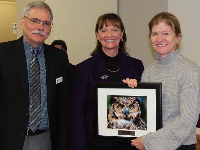 Dr. Sue Carstairs (right), executive and medical director of the Ontario Turtle Conservation Centre, accepts the Environmental Excellence Stewardship Award from Ontonabee Conservation chair Andy Mitchell and vice-chair Sherry Senis. (Photo: Otonabee Conservation)