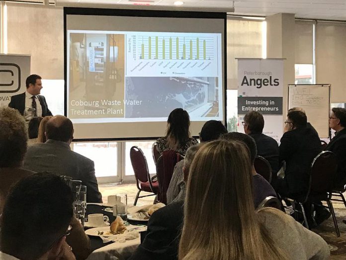 Adam Doran of Aclarus spoke at the Innovation Cluster's Power Breakfast on January 26, 2018 about Cobourg's wastewater treatment plant, which is the first in Canada to switch from chlorine to ozone. (Photo: Peterborough Economic Development / Twitter)