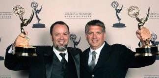 Lindsay resident Christian Cooke (right) and colleague Brad Zoern with their 2012 sound mixing Emmy Awards for "Hatfields & McCoys". Cooke and Zoern, along with other members of the sound team for "The Shape of Water" including Peterborough native Glen Gauthier, have been nominated for a 2018 BAFTA Award. (Photo: Emmy Awards)