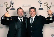 Lindsay resident Christian Cooke (right) and colleague Brad Zoern with their 2012 sound mixing Emmy Awards for "Hatfields & McCoys". Cooke and Zoern, along with Peterborough native Glen Gauthier, have been nominated for the Sound Mixing Oscar for 'The Shape of Water'. (Photo: Emmy Awards)