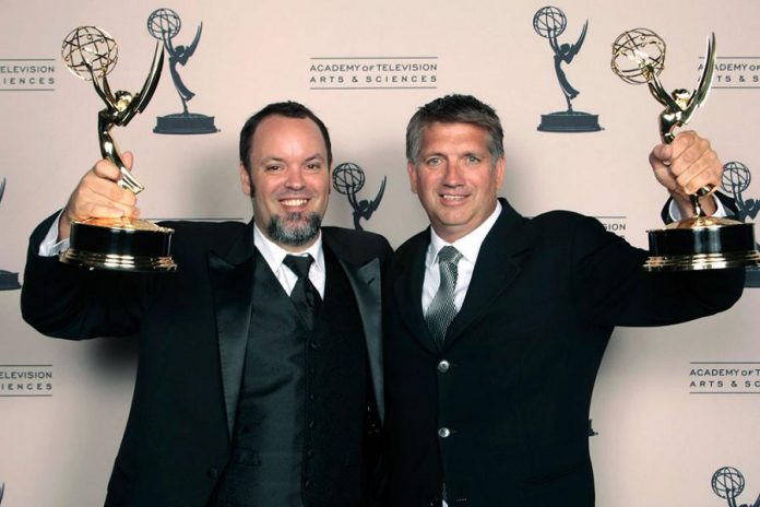 Lindsay resident Christian Cooke (right) and colleague Brad Zoern with their 2012 sound mixing Emmy Awards for "Hatfields & McCoys". Cooke and Zoern, along with Peterborough native Glen Gauthier, have been nominated for the Sound Mixing Oscar for 'The Shape of Water'. (Photo: Emmy Awards)