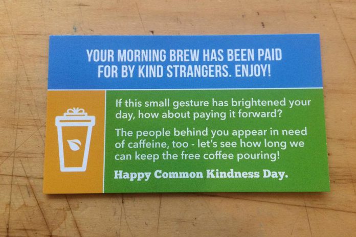 Boiling Over’s Coffee Vault in Linday and Kyoto Coffee in Peterborough are participating in Commonwell Mutual Insurance Group's second annual "Common Kindness Day" on Wednesday, January 10, 2018. The insurance company is pre-paying for 1,000 free coffees or teas across Ontario, asking customers who receive a free beverage to "pay it forward" by pre-paying for another customer's coffee or tea. (Photo: Kyoto Coffee / Twitter)
