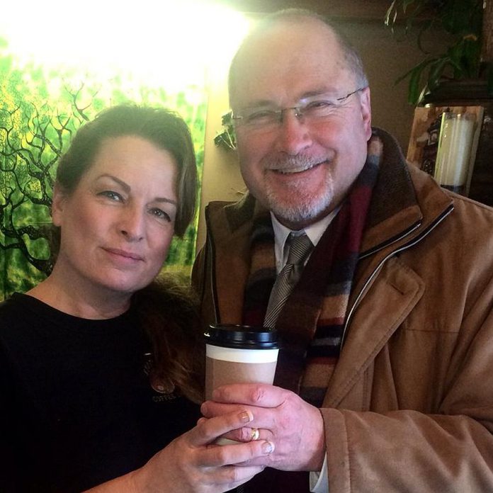 Kyoto Coffee owner Tracy Cosburn with Stu Harrison at last year's Common Kindness Day. (Photo: Kyoto Coffee / Twitter)