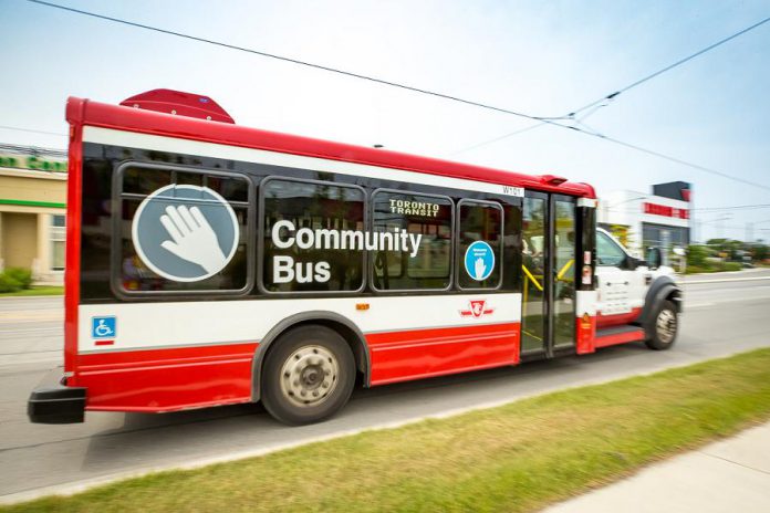 Other cities like Toronto have a community bus service that connects riders with popular destinations, providing an alternative to regular transit. Peterborough Transit will be launching its community bus service in March 2018 and is seeking feedback on one of two possible route options. (Photo: Toronto Transit Commission)