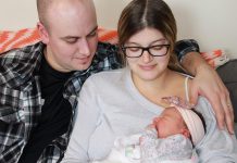 Ivory Kathaleen Curwin with her parents Chris Curwin and Sabina Perez. Ivory, who entered the world at 10:54 a.m. on January 1st, was the first baby born in the Kawarthas in 2018. (Photo courtesy of the Curwin family)