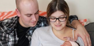 Ivory Kathaleen Curwin with her parents Chris Curwin and Sabina Perez. Ivory, who entered the world at 10:54 a.m. on January 1st, was the first baby born in the Kawarthas in 2018. (Photo courtesy of the Curwin family)