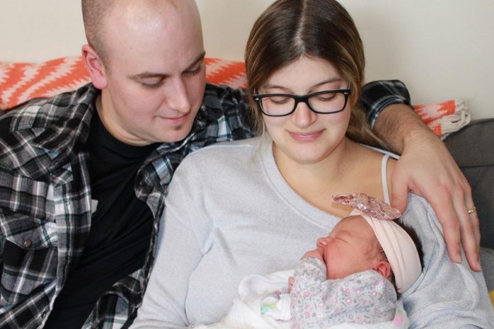 Ivory Kathaleen Curwin with her parents Chris Curwin and Sabina Perez. Ivory, who entered the world at 10:54 a.m. on January 1st, was the first baby born in the Kawarthas in 2018. (Photo courtesy of the Curwin family)