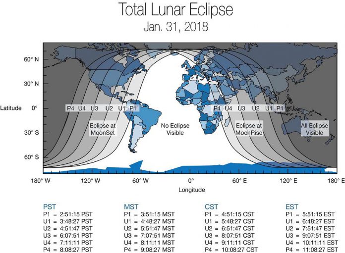 A global map showing areas of the world that will experience (weather permitting) the January 31, 2018 "super blue blood moon." The eclipse will be visible before sunrise on January 31 for those in North America. (Graphic: NASA)