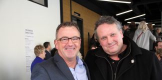 Jeff Day (left) with Peterborough DBIA executive director Terry Guiel at the Business Hall of Fame inductee announcement on January 10, 2018. Day says he resigned from his position at Community Futures Peterborough so he could run for Peterborough City Council in 2018. (Photo: Jeannine Taylor / kawarthaNOW.com)