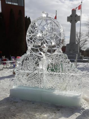 "Dreamcatcher" ice sculpture created at the 2016 PolarFest  by Mike Muli of Ice Carving Events Inc. 
