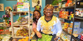 African Mission-Growth Market is bringing a taste of Africa to Peterborough. The Simcoe Street shop, run by Tokunbo Deborah Adebamiro (right), offers fresh produce like okra and yams. Tokunbo suggests blending the okra to make a soup. (Photo: Eva Fisher / kawarthaNOW.com)