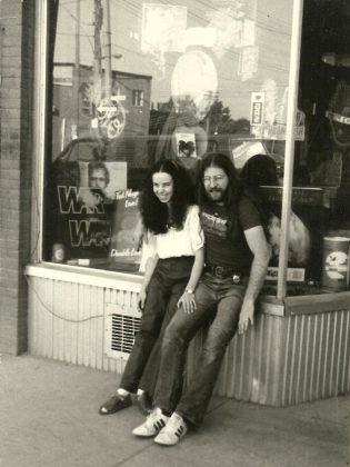 Moondance owners Cheryl and Mike Taveroff in 1975, in front of their original Moondance store at 249 George Street just north of Sherbrooke. Cheryl had originally opened Moondance, named after the Van Morrison song, as a clothing store, where Mike began to sell records. (Photo courtesy of Mike Taveroff)