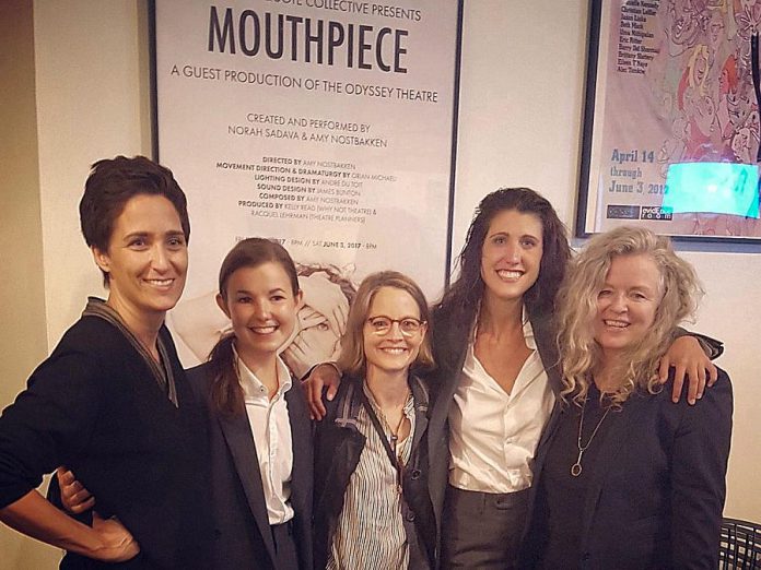 Amy Nostbakken and Norah Sadava with Jodie Foster and Alex Hedison at the premiere of "Mouthpiece" at the Odyssey Theatre in Los Angeles. (Photo: Quote Unquote Collective / Twitter)