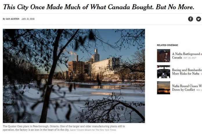 The New York Times has run a feature story on the impact of the pending closure of the GE plant in Peterborough. (Screenshot of NYT website)