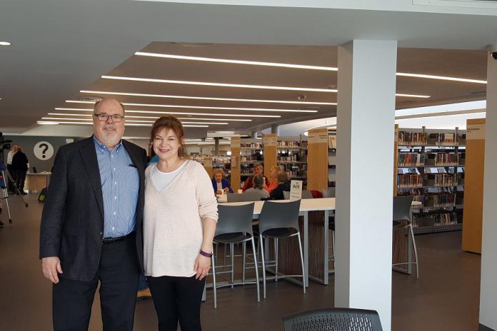 Architect Peter Berton of The Ventin Group, which designed the new library, with his sister-in-law Linda Kash. (Photo: Jeannine Taylor / kawarthaNOW.com)