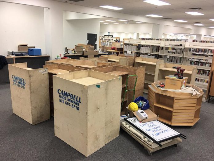 Staff are busy moving the library's collection back into the Aylmer Street location. (Photo: Peterborough Public Library)