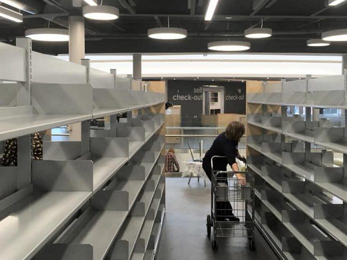 New shelving was installed in December, and staff are now placing books on the shelves.  (Photo: Peterborough Public Library)