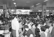 What a difference 64 years makes: customers crowd the Peterborough Sears store on opening day on August 26, 1954, when the store was called Simpsons-Sears. In 2017, Sears Canada entered bankruptcy protection, affected by the growth of online shopping and an inability to attract younger customers. All remaining Sears stores, including the one in Peterborough, close for good on January 14, 2018. (Photo: Peterborough Museum and Archives)