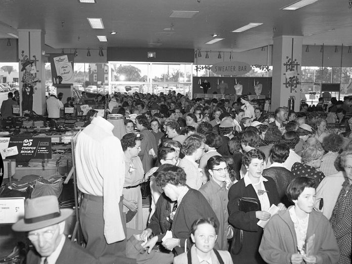 What a difference 64 years makes: customers crowd the Peterborough Sears store on opening day on August 26, 1954, when the store was called Simpsons-Sears. In 2017, Sears Canada entered bankruptcy protection, affected by the growth of online shopping and an inability to attract younger customers. All remaining Sears stores, including the one in Peterborough, close for good on January 14, 2018. (Photo: Peterborough Museum and Archives)