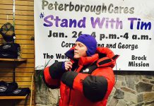 Deputy Police Chief Tim Farquharson trying on some winter weather gear at Wild Rock in downtown Peterborough. Farquharson will be spending a night outside on January 26, 2018 to raise awareness of the plight of the homeless, as well as raise money for YES Shelter for Youth and Families, Brock Mission, and The Warming Room. (Photo courtesy of Peterborough Cares)