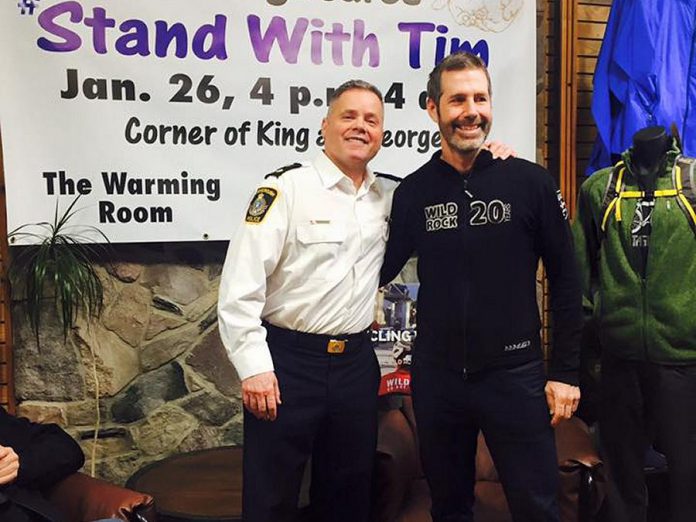 Deputy Police Chief Tim Farquharson with Scott Murison, co-owner of Wild Rock, which supplied Farquharson with his winter gear. Wild Rock has also been raising funds on its own for YES Shelter for Youth and Families, one of the recipients of donations to Peterborough Cares. (Photo courtesy of Peterborough Cares)