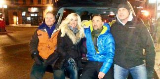 Deputy Police Chief Tim Farquharson (left) with Lindsay Mitchell, Camille Parent, and Tim Burke of Peterborough Cares at the corner of King and George streets in downtown Peterborough during the night of January 26th. The "Stand With Tim" fundraiser raised more than $10,000 for three Peterborough homeless shelters. (Photo: Matthew Stewart / Instagram)