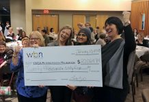 Anne Arnold and Corinna Campbell of YWCA Peterborough Haliburton with Sana Virji and Lori McKee of the Women's Business Network of Peterborough celebrating the donation of $20,064.84 to support the YWCA Crossroads Shelter. The funds were raised at WBN's annual fundraising gala in December. (Photo: Paula Kehoe / WBN)