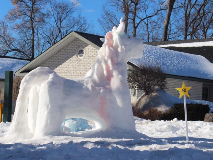 At last year's FrostFest, the Mahoney family won for their "Unicorn" snow sculpture (pictured) and the Mitchell family won for their "Mitchellsaurus" sculpture in the Family/Group category. (Photo courtesy of Impact 32)