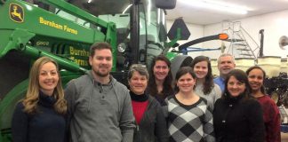 The Burnham family of Cobourg will receive the 2018 James Crossen Lifetime Achievement Award from the Northumberland Central Chamber of Commerce (NCCOFC) and the Town of Cobourg. Pictured are award sponsor Hillary Allen of Cobourg Orthopaedic and Sports Injury Clinic with members of the Burnham family (Mark, Anne, Jen, Katie, Amy, and Paul) with Cobourg community events coordinator Jackie Chapman Davis and past NCCOFC chair Tonya King. (Photo courtesy of Northumberland Central Chamber of Commerce)