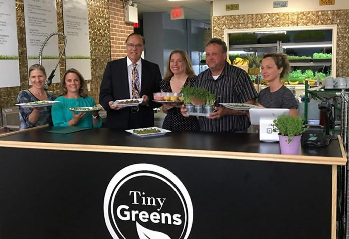 Tiny Greens owner Tina Bromley (centre) with Peterborough Mayor Daryl Bennett and Peterborough DBIA executive director Terry Guiel. Bromley launched her store in downtown Peterborough after winning the inaugural 2017 Win This Space competition last February. (Photo: Tiny Greens)